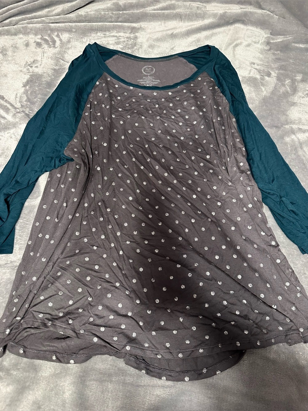 Maurices Teal Sleeve Charcoal Polka Dot Raglan Top